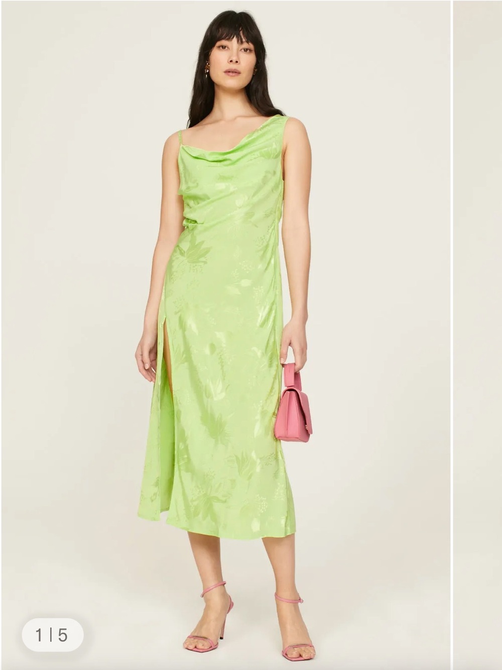 For Love & Lemons Lime Green Floral Ilana Cowl Neck Midi Dress